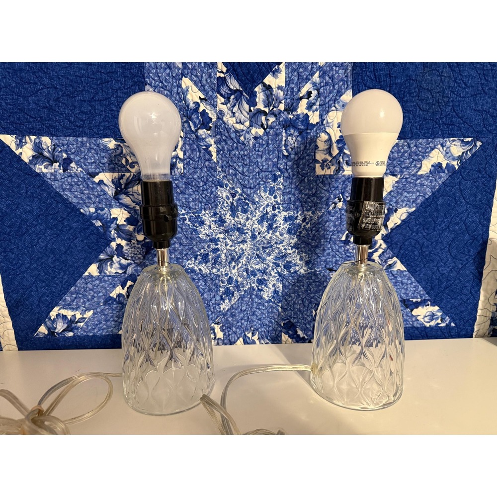 Set of 2 Glass Diamond Pattern boudoir Lamps Bell Shade Plug-In Wall Switch